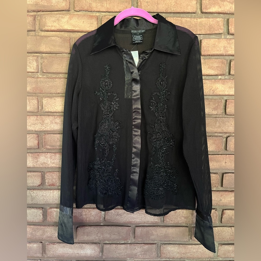 Pamela Dennis Black See-through Mesh Long Sleeve Blouse with Ribbon & Sequins